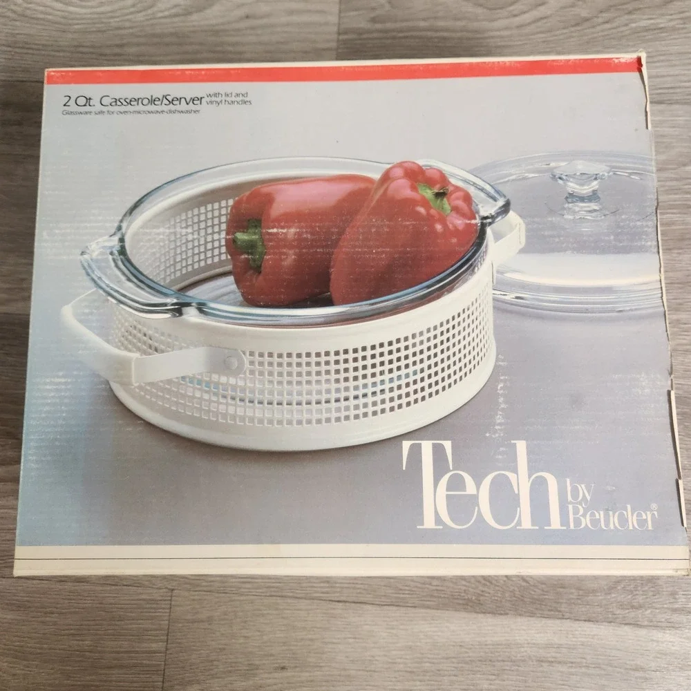 Vintage Tech by Beucler 2 Qt Casserole Server Glass with Lid White Vinyl Handles